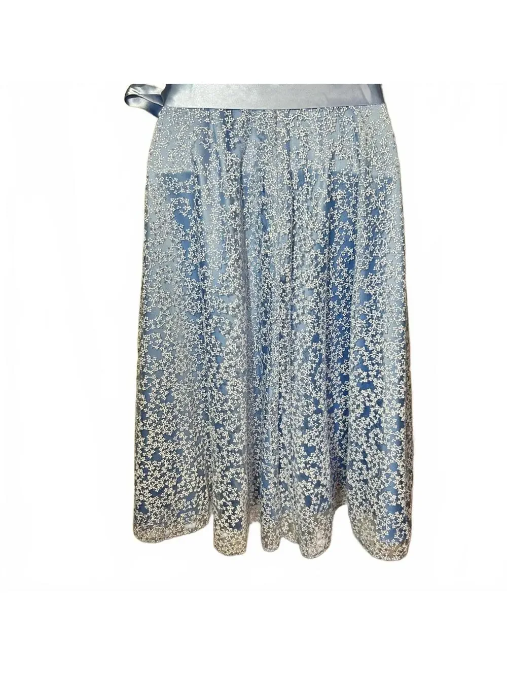 Tahari Sleeveless Carolina Blue White/Silver Sheer Overlay w Ribbon Sash | Sz 4 - Picture 7 of 13